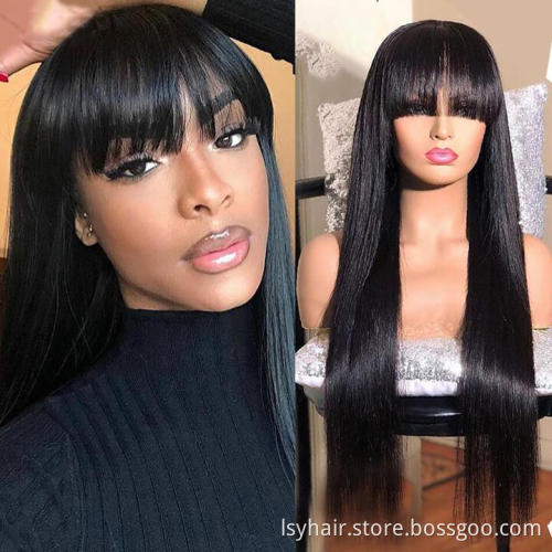 Raw Indian Hair Vendors Straight Lace Frontal Wigs With Bangs Cuticle Aligned Hair Pre plucked Glueless Wigs